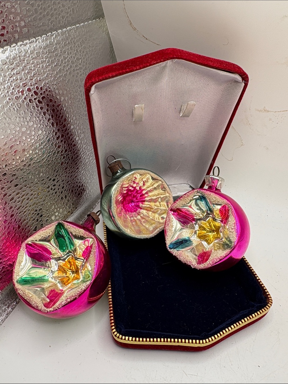 Vintage Poland Glass Christmas Ornaments Lot 3 Reflector MCM